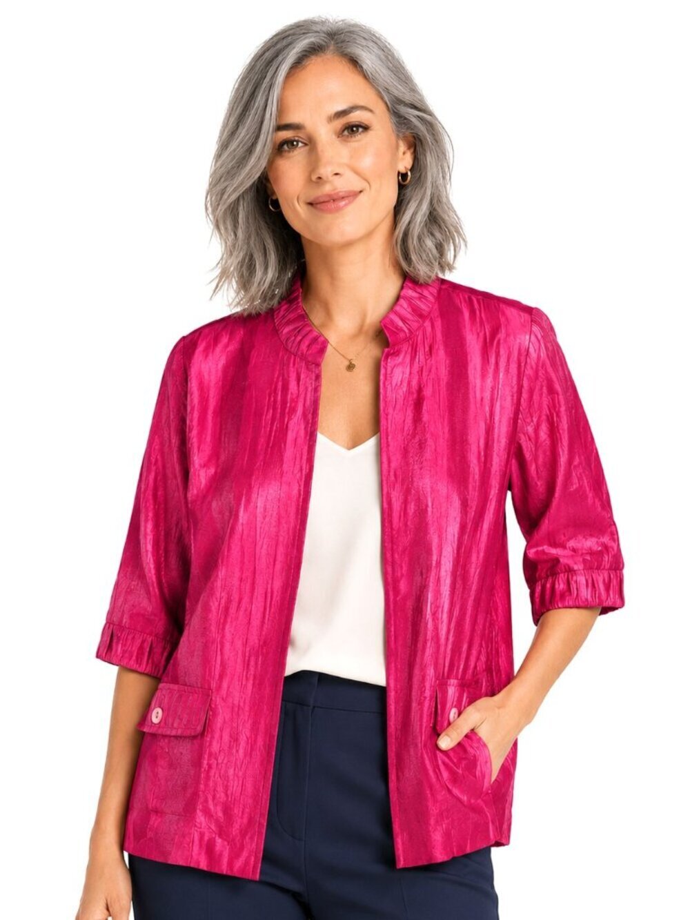 Chico's Magenta Pink Metallic Shimmer Ruffled Open Jacket